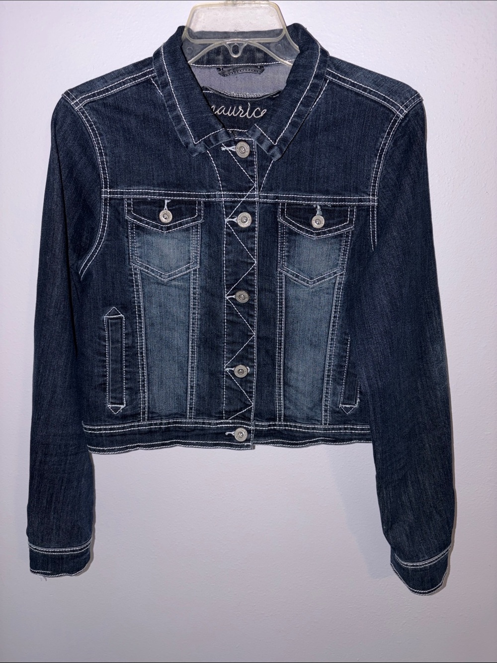 Maurices Dark Indigo Cropped Jean Jacket with Contrast Stitching, sz L